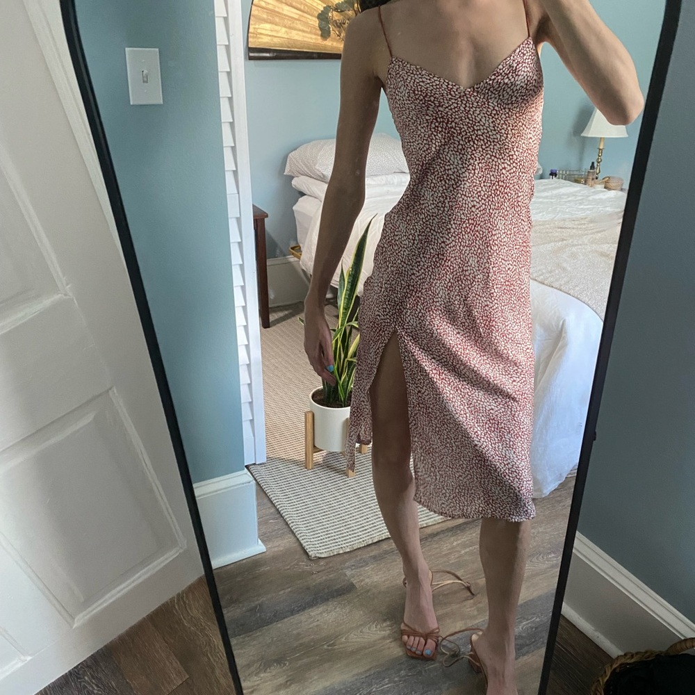 Red silk / animal print spaghetti strap dress with slit